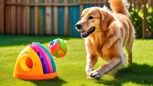Create an image of a happy dog playing with a colorful and interactive Bob-A-Lot toy in a sunny, fenced backyard. The toy should be vibrant and eye-catching, showing various compartments and features 