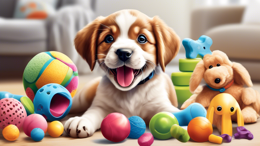 Realistic and vibrant illustration of a playful puppy surrounded by a variety of top dog toys. Some of the toys include a colorful rubber ball, a squeaky bone, a plush stuffed animal, a durable chew t