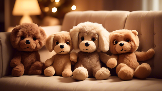Create an image of a group of adorable teddy bear dogs in a cozy living room setting. Each dog has a plush, teddy bear-like appearance with fluffy fur, big round eyes, and cute button noses. They are 