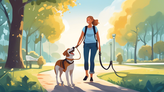 Create a detailed illustration of a happy dog wearing a no-pull harness, walking calmly with its owner in a beautiful park. The dog appears comfortable and relaxed, while the owner looks pleased and a