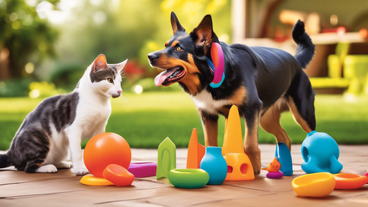 Create an image of playful dogs and cats joyfully interacting with colorful, durable Hartz Dura Play toys in a vibrant backyard setting. Highlight the chewy texture, various shapes, and durability of 