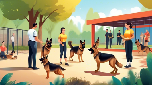 A detailed, colorful scene featuring a German Shepherd receiving professional training in a well-equipped, spacious outdoor facility. The trainer, dressed in a professional outfit, is using positive r