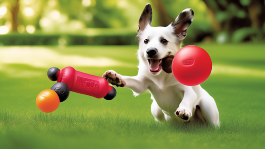 Create an image that portrays happy, playful dogs of various breeds engaging with vibrant, durable Kong chew toys in a lush, green backyard. The scene should highlight dogs chewing, fetching, and inte