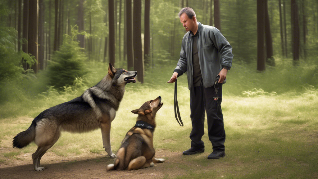 Create an image of an experienced dog trainer teaching a strong, wolf-like dog using Fenrir training techniques. The setting should be a peaceful, outdoor environment, such as a forest clearing, with 