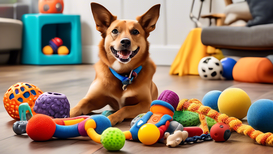A vibrant image showcasing a playful dog surrounded by an assortment of durable toys from the 'Ruff and Tuff Collection.' The scene features a variety of toys, including sturdy chew bones, rugged rope