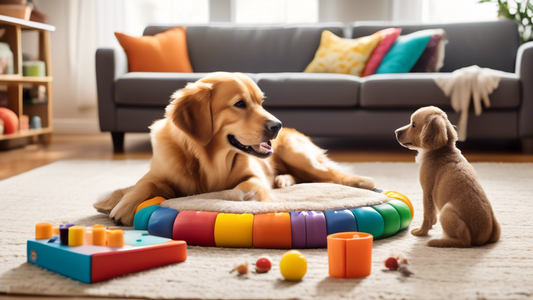 Create an image of a playful dog interacting with a variety of engaging and colorful interactive toys. Some toys could involve treat dispensers, puzzle games, squeaky sounds, and fetching mechanisms. 