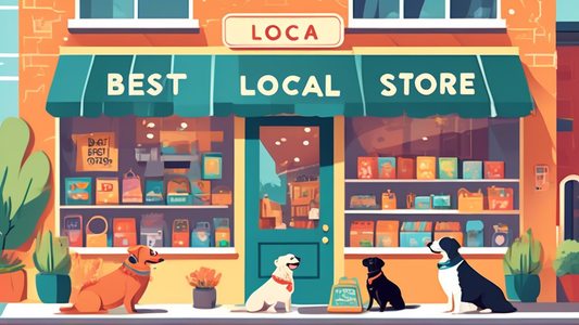 Create an inviting, colorful illustration of a quaint, charming local dog pet store. The store has a friendly storefront with a sign reading Best Local Dog Pet Store. Display a variety of dog accessor