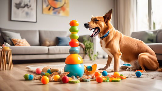 A cheerful dog eagerly playing with a variety of interactive feeding toys, such as puzzle feeders, treat-dispensing balls, and slow feeder bowls, in a bright and cozy living room setting. The dog is c