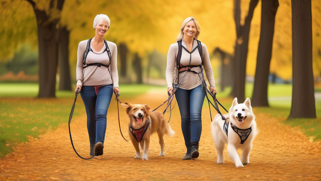 Create a lively and informative image showing a happy dog owner walking two dogs using a double leash harness in a peaceful, scenic park. The dogs are well-behaved and look content, while the owner sm
