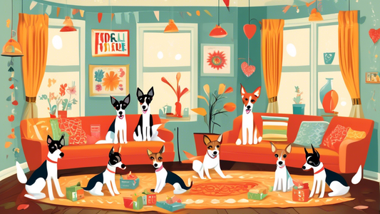 Create a heartwarming image of a group of playful Toy Fox Terriers frolicking in a cozy, well-decorated room with 'For Sale' signs gently displayed next to them. The scene should be lively and invitin