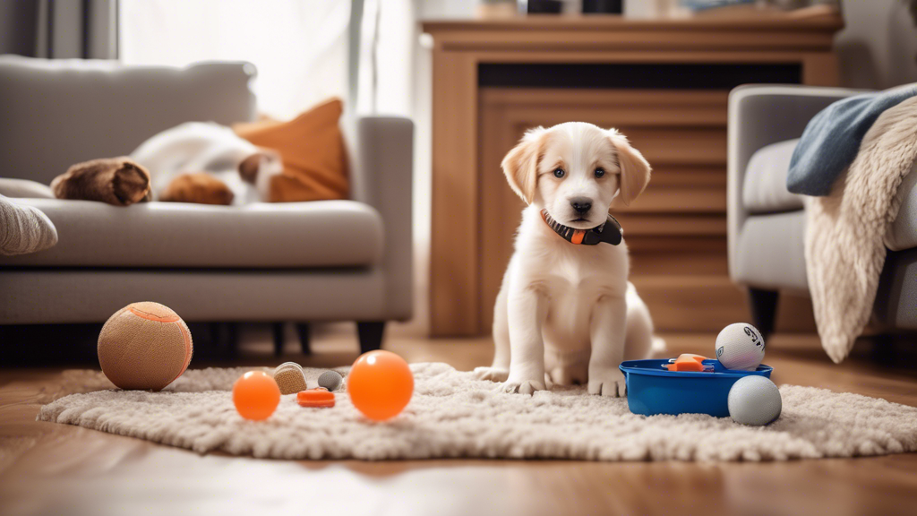 A heartwarming scene of a cozy living room with a new puppy surrounded by essential supplies such as a comfy dog bed, a water and food bowl, chew toys, puppy pads, a leash and collar, grooming brushes