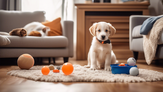 A heartwarming scene of a cozy living room with a new puppy surrounded by essential supplies such as a comfy dog bed, a water and food bowl, chew toys, puppy pads, a leash and collar, grooming brushes