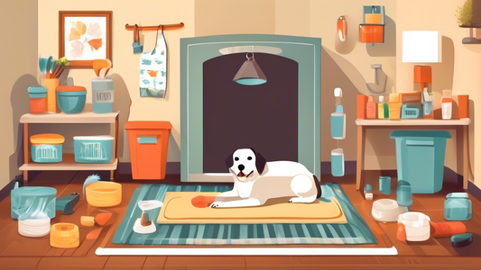 A cozy and well-organized indoor kennel setup featuring essential supplies for pet owners: comfortable bedding, chew toys, food and water bowls, grooming tools, a leash and collar, cleaning supplies, 