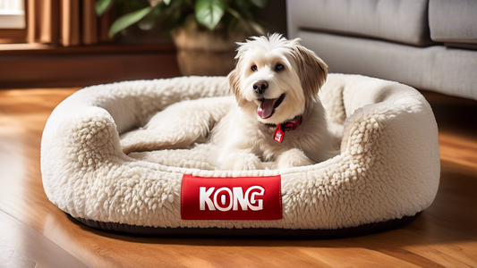 Create an image of a cozy, stylish living room where a happy dog is lounging comfortably on a KONG dog bed. The bed should appear plush and durable, showcasing reinforced stitching and high-quality ma