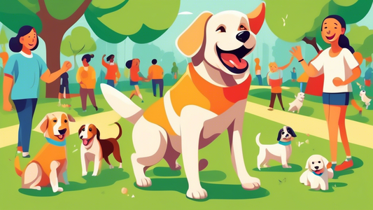 Create an image showing a joyful dog displaying perfect behavior, following commands from a cheerful trainer wearing a branded Absolute Dogs shirt. The background should be a vibrant, lush park with o