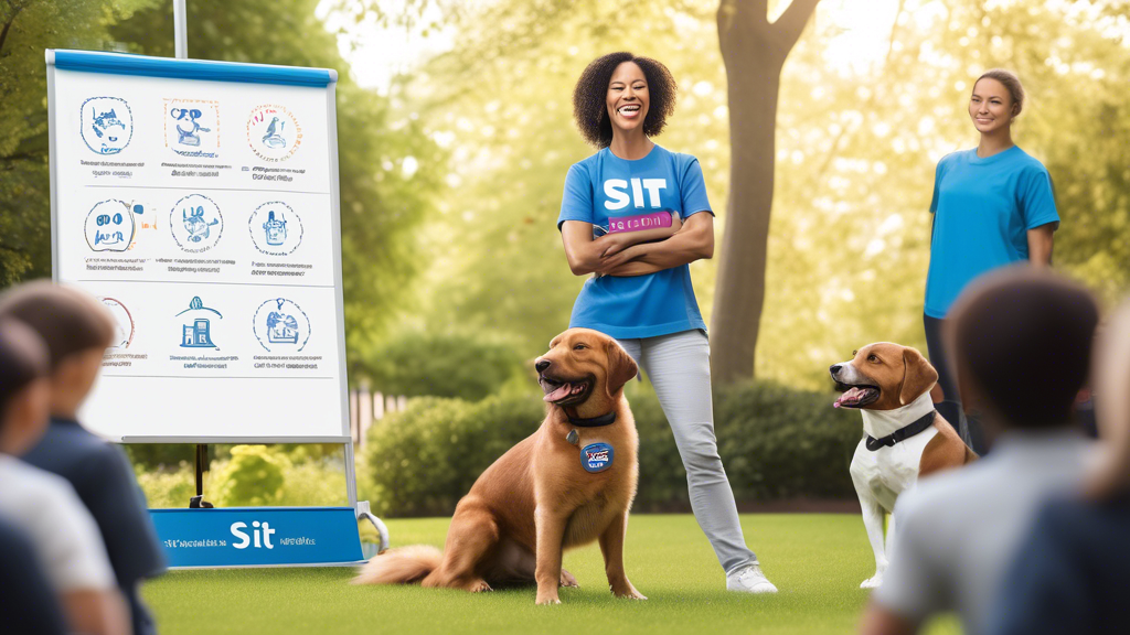 Create an image of a cheerful dog training session in a well-lit outdoor setting. The scene includes a professional dog trainer wearing a 'Sit Means Sit' branded shirt, demonstrating a command with a 