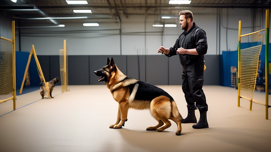 A dynamic scene showing a professional dog trainer in a controlled environment, using positive reinforcement techniques to train a well-muscled German Shepherd. The dog is attentively responding to si