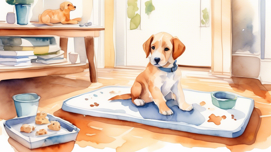 Create a watercolor illustration of a cozy home interior where a cute puppy is happily using a puppy pad. The scene should include clear, labeled steps showing the puppy being rewarded with treats, a 