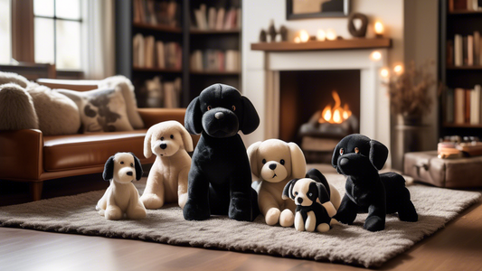 Create a heartwarming and cozy scene featuring an assortment of black dog stuffed animals of various breeds and sizes, arranged on a soft, plush rug in a warmly lit living room. The stuffed animals sh