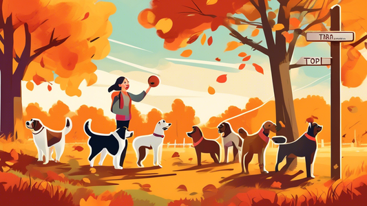 Create an image of a cheerful dog playing fetch with a vibrant autumn background in the countryside. Nearby, a friendly professional dog trainer is seen guiding a group of happy dogs of various breeds