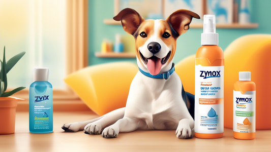 Create an image of a happy, relaxed dog with tidy, clean ears sitting next to a bottle of Zymox Ear Solution with Hydrocortisone in a bright, cozy home setting. The background should feature subtle ve