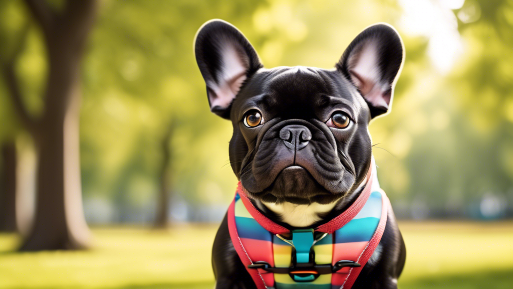 Create an image of a cheerful French Bulldog in a park setting, wearing a perfectly fitting harness. The harness should look comfortable, be ergonomically designed, and stylish. There should be an arr