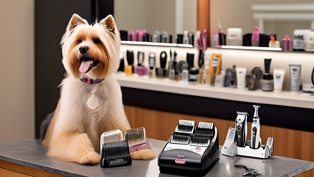 Create an image of a tidy grooming station with a variety of Wahl dog clipper blades neatly organized on a table. The wall behind the station features a detailed chart showcasing different dog breeds 