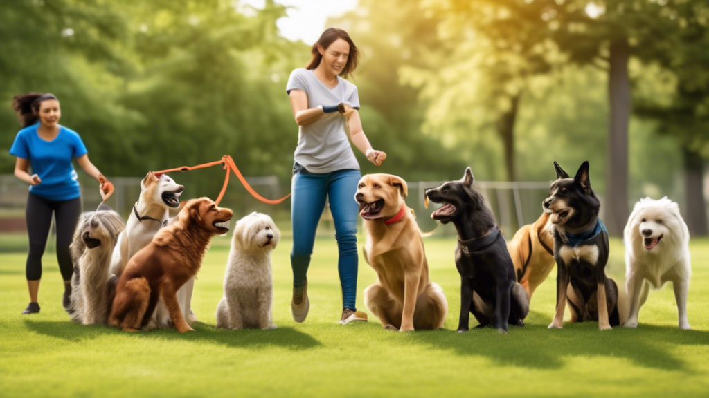 Create an image showing a professional dog trainer in action, guiding a group of diverse dogs through various training exercises. The scene should be set in a spacious outdoor park with vibrant greene