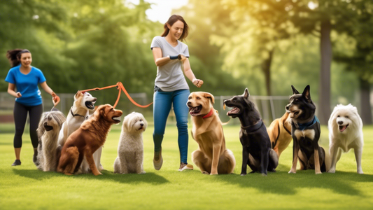 Create an image showing a professional dog trainer in action, guiding a group of diverse dogs through various training exercises. The scene should be set in a spacious outdoor park with vibrant greene