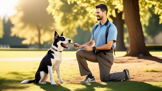 Create an image of a confident dog trainer working with a strong, well-behaved alpha dog in a sunny outdoor setting. The trainer uses body language and positive reinforcement techniques. Include eleme