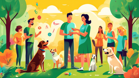 Create an image of a happy dog receiving a treat from a trainer in a lush green park. The trainer is smiling and holding a clicker, using positive reinforcement techniques. Surrounding details include