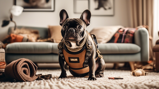 Create an image of a French Bulldog in a cozy, well-lit living room. The dog is surrounded by various types of harnesses laid out on the carpet, showcasing different styles, colors, and materials. The