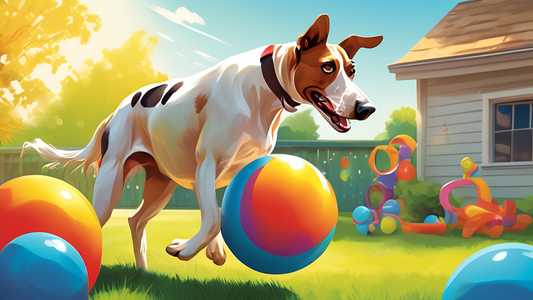 Create an image of a happy dog playing with a large, colorful horse ball in a sunny, spacious backyard. The dog looks energetic and joyful, while the vibrant horse ball adds a fun and quirky element t
