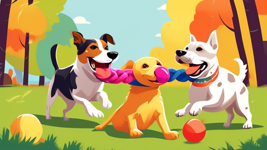 An adorable group of mixed breed dogs joyfully playing tug of war with different top-rated, colorful, durable dog toys in a sunny park setting.