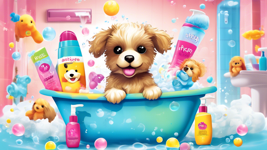 Create an image of several adorable plush puppy toys having a fun and colorful bath time, with various puppy shampoos, bubbles floating in the air, and a vibrant bathroom setting. The shampoos are lab