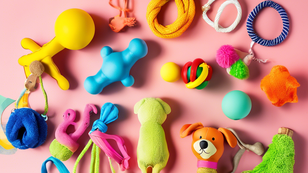 A variety of durable dog toys for heavy chewers displayed on a bright, playful background. The toys include sturdy ropes, tough rubber balls, indestructible chew bones, and reinforced plush animals. D
