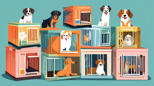 An illustrated guide showing a variety of dog crates with different features, sizes, and designs, set against a cozy home backdrop. The image includes happy dogs of various breeds and sizes comfortabl