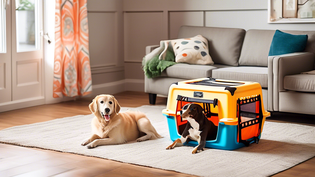 Create a warm, inviting scene featuring various soft dog crates in vibrant colors and designs, set in a cozy living room with a happy dog exploring and testing them. Include a range of crate sizes and