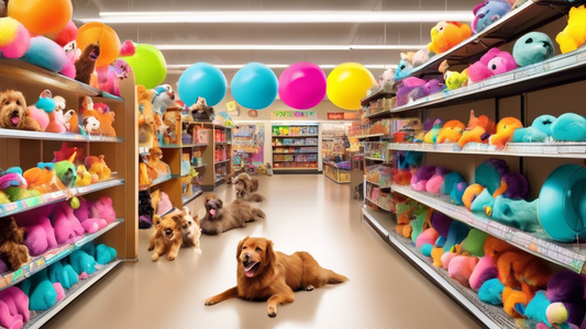 Create an image of a cheerful, well-lit pet store aisle filled with colorful and innovative dog toys. The aisle is bustling with happy, playful puppies of various breeds, each interacting with differe