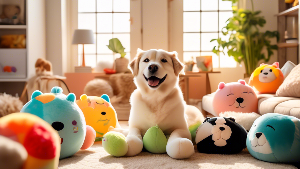 An adorable scene featuring a happy dog playing with colorful and plush Squishmallow dog toys in a cozy living room. The room is filled with soft, inviting furniture and has a warm, homey atmosphere. 