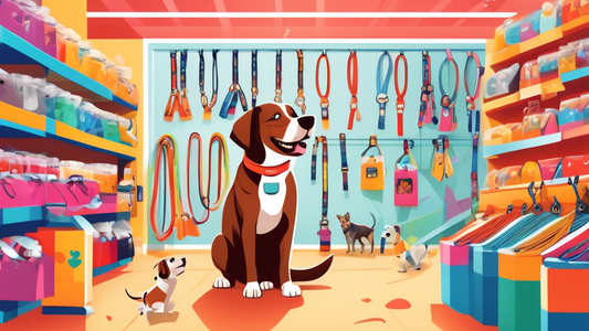 Create an image of a friendly dog in a pet store, looking at a display of various dog leads and leashes. Include different types of leads and leashes such as retractable, standard, and training leads,