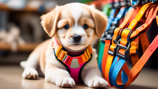 Create an image of a cheerful puppy surrounded by a variety of colorful, high-quality harnesses of different styles, sizes, and materials. Include an informative chart or guide in the background with 