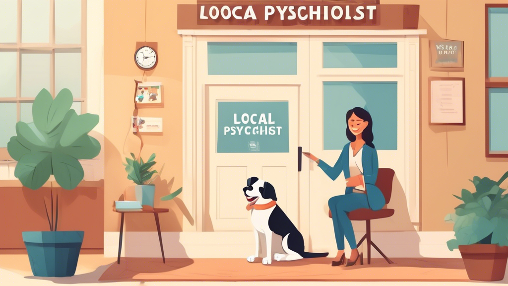 Create an image of a friendly, welcoming dog psychologist's office in a charming neighborhood setting, with a sign outside that reads 'Local Dog Psychologist.' Inside, a professional dog psychologist 