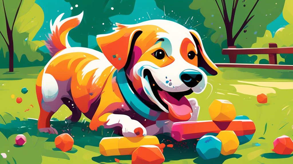A vibrant, modern illustration of a happy, energetic dog playing with an indestructible, durable toy in a scenic backyard. The toy should be colorful and made of tough materials, visibly resisting the