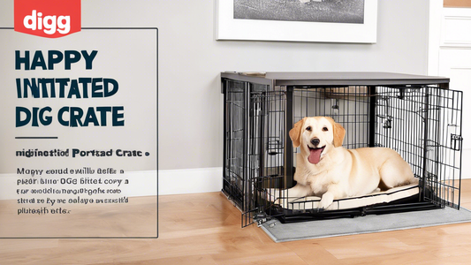 Create an image showcasing a happy dog inside a cozy, well-ventilated Digg dog crate. The scene should highlight various benefits such as comfort with a plush bed, safety with secure latches, and port