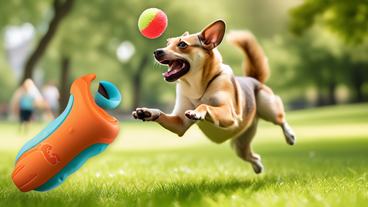 Create an image of a joyful dog playing fetch with a Chuckit Flying Squirrel toy in a sunny, green park. The dog is mid-air, enthusiastically reaching for the brightly colored, aerodynamic toy that is