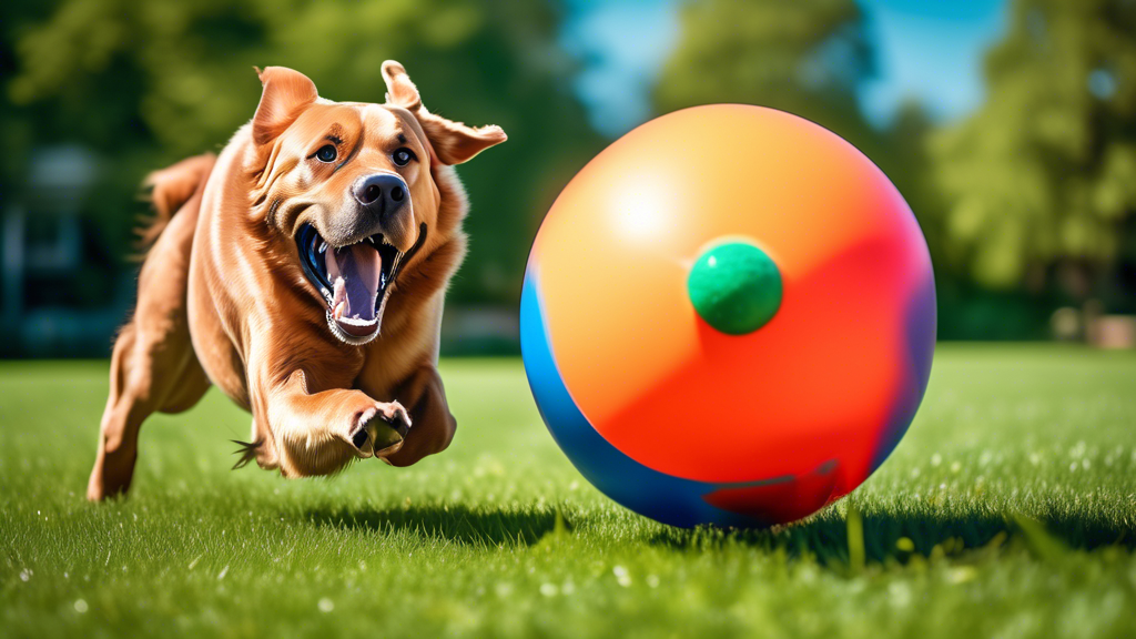 Create an image of a large, joyful dog in a spacious park, enthusiastically chasing a brightly-colored, oversized Chuckit ball. The dog appears energetic and happy, and the ball is prominently feature