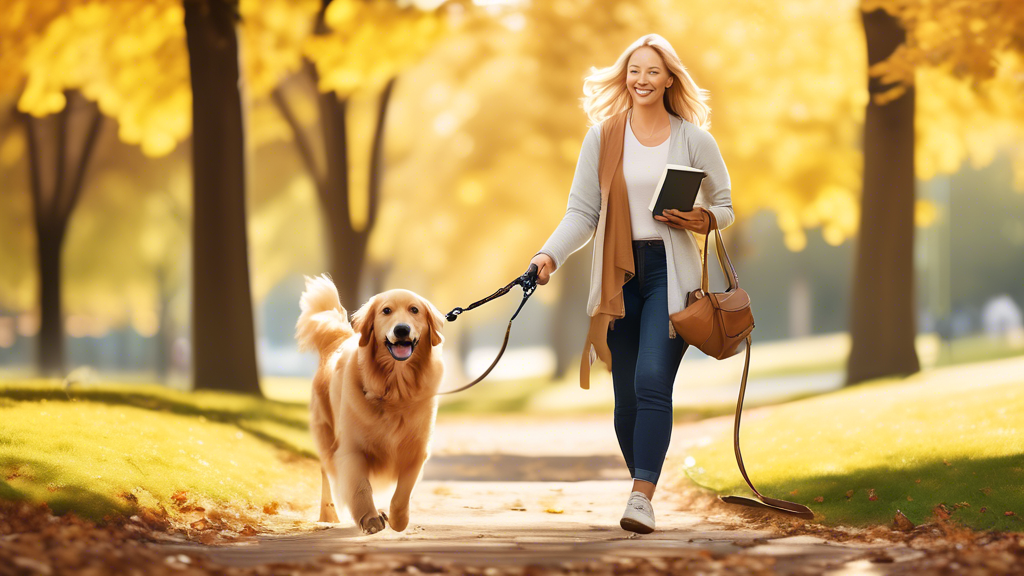 Create an image of a happy dog owner walking their dog using a crossbody leash in a beautiful park. The owner is smiling and enjoying the sunny day, their hands free to hold a coffee in one hand and a