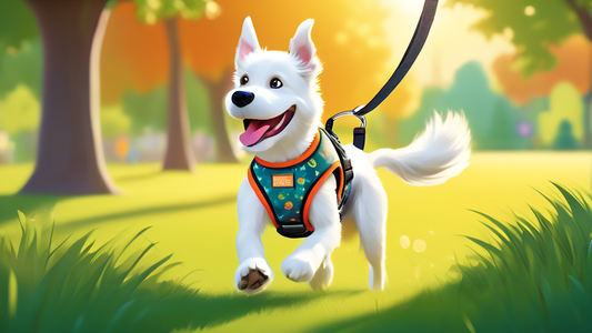 Create a heartwarming scene featuring a happy dog wearing a comfortable, well-designed Mighty Paw Harness. The background shows a sunny park with green grass and trees, where the dog is joyfully runni