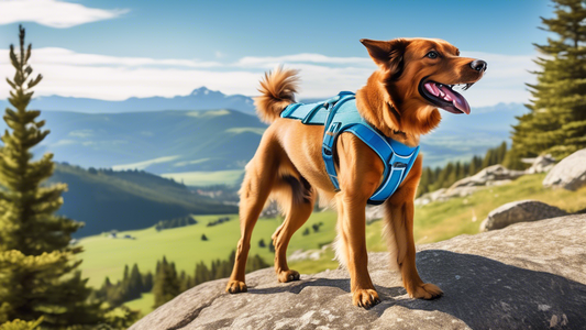 Create an image showing a happy dog wearing a colorful Ruffwear harness while hiking with its owner in a picturesque mountain landscape. The harness should look comfortable and secure, highlighting it